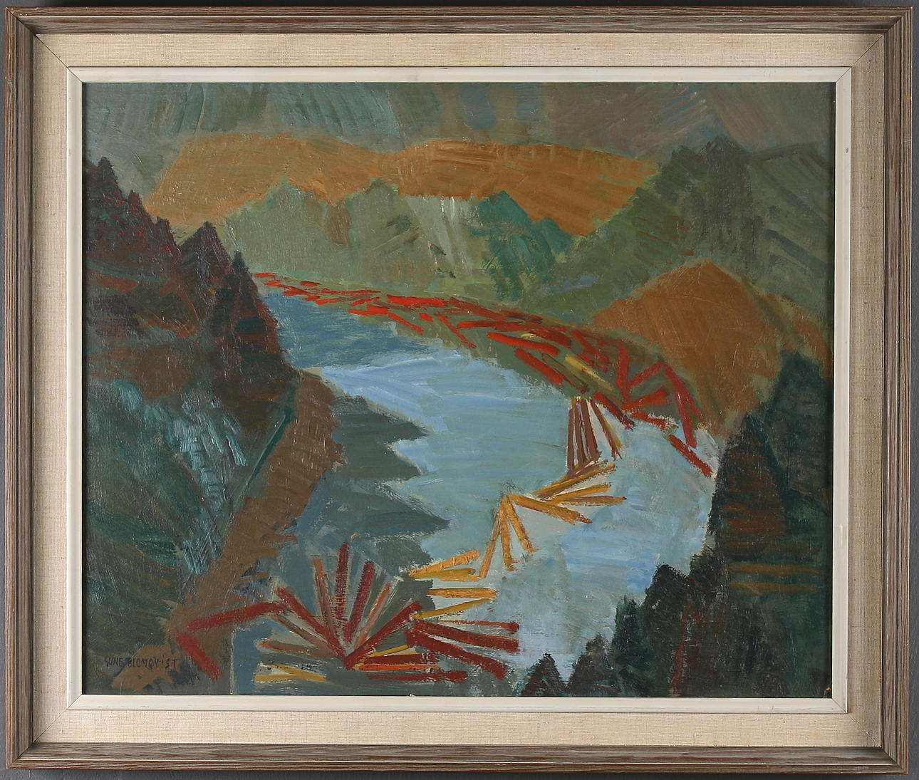 SUNE BLOMQVIST. Flottning på älven, olja på pannå, signerad.