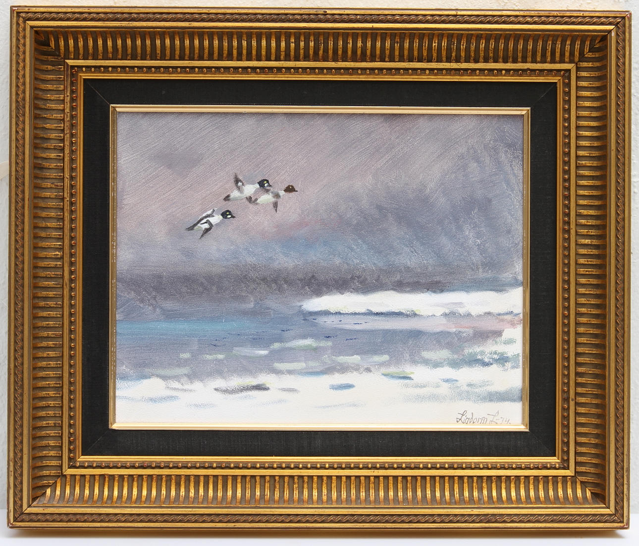 LINDORM LILJEFORS. Vinterbild med flygande knipor. Olja på pannå, signerad - 74.