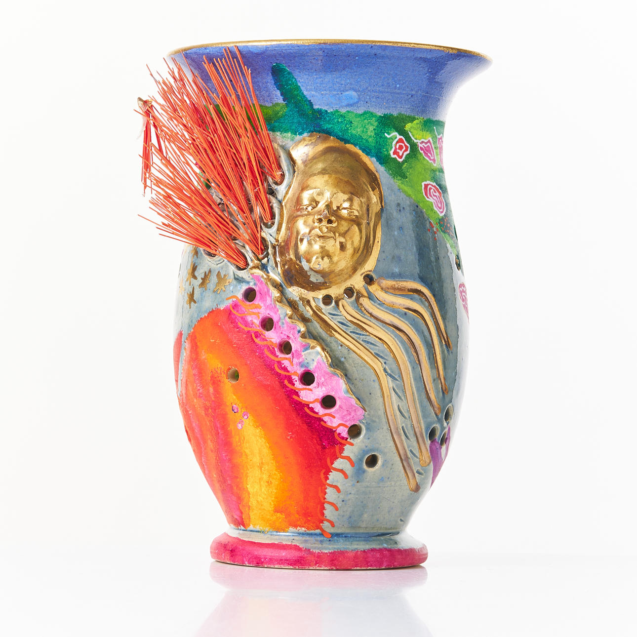 TABLE LAMP, glazed ceramic, appliqués, face decor, monogram signed.