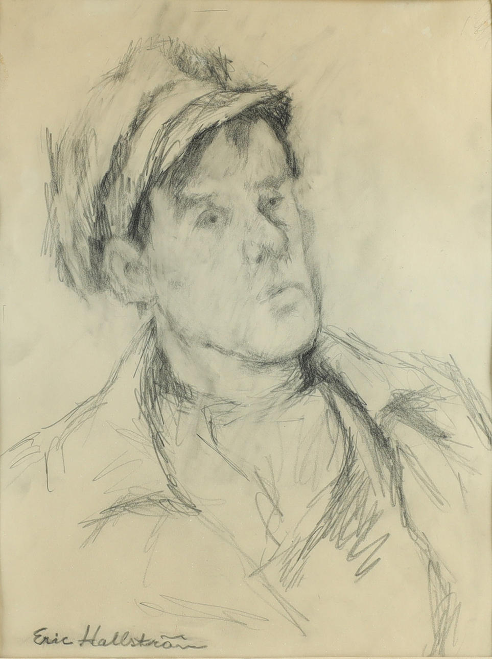 ERIC HALLSTRÖM. Man portrait, drawing, pencil, signed.