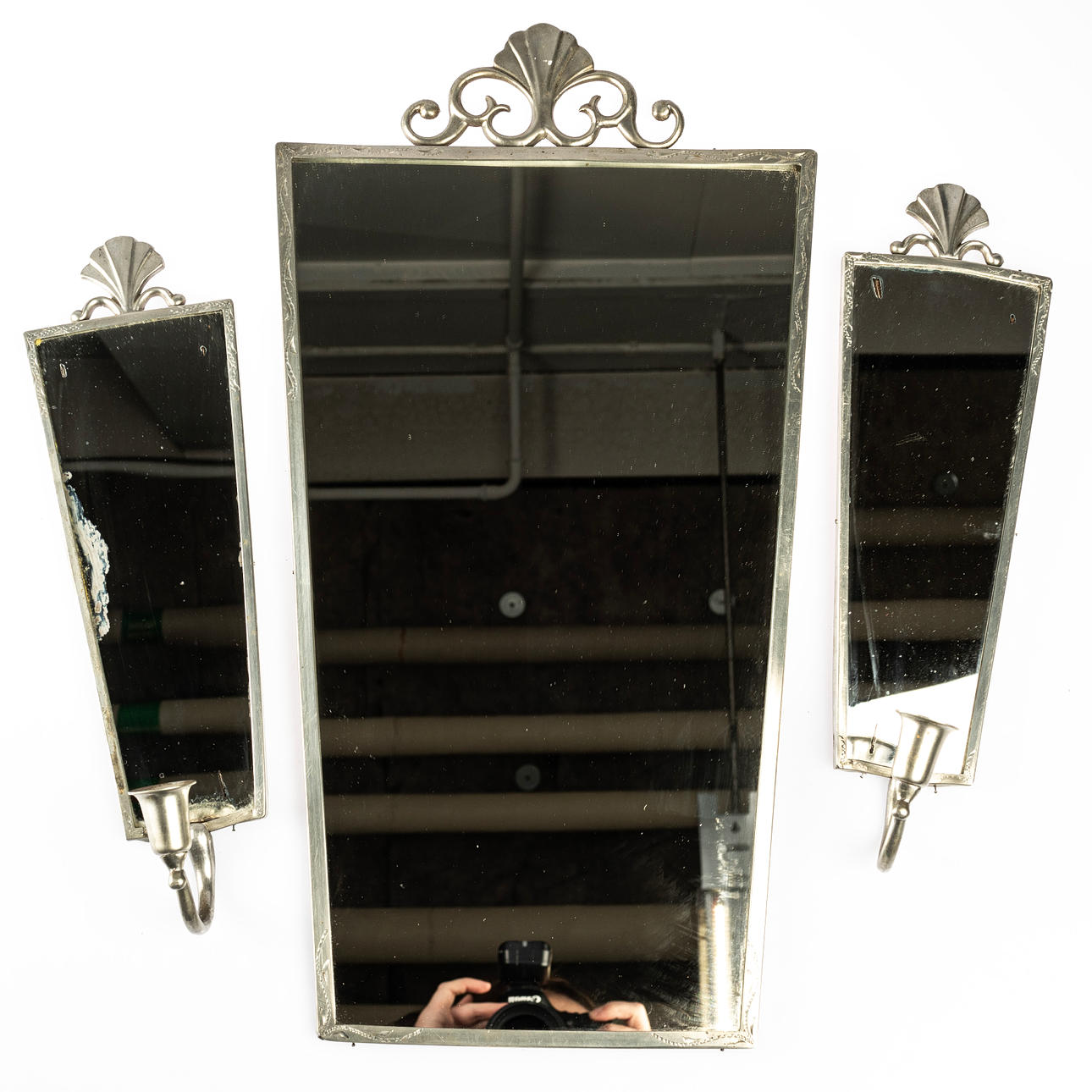 MIRROR, with sconces, 3 pieces, pewter, Art Deco, 1920/30s.