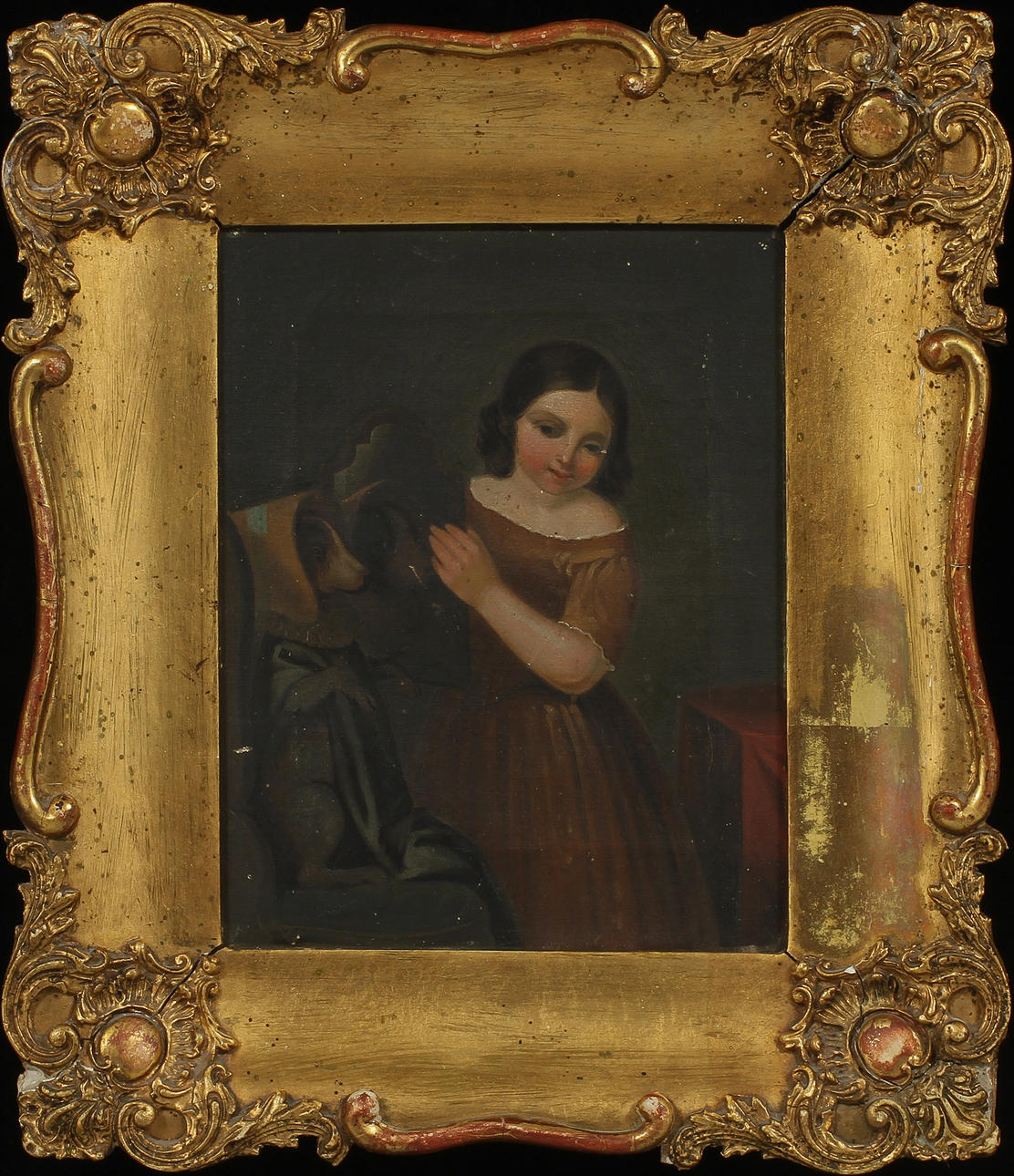 OIDENTIFIERAD KONSTNÄR. Flicka och hund. Olja på duk 1800-tal.