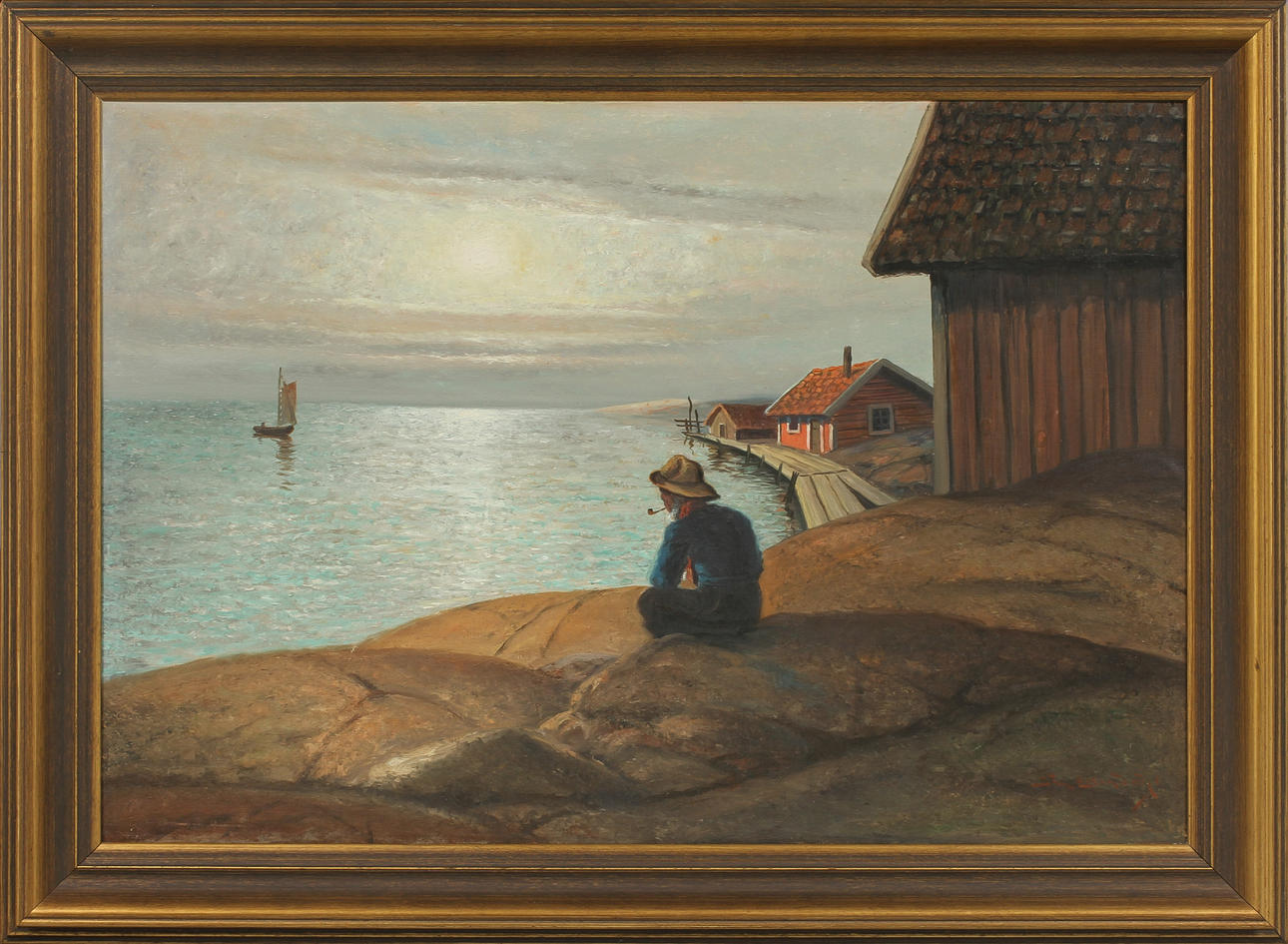 STEN EKENDAHL. Fiskare vid sjöbodar. Olja på duk, signerad.