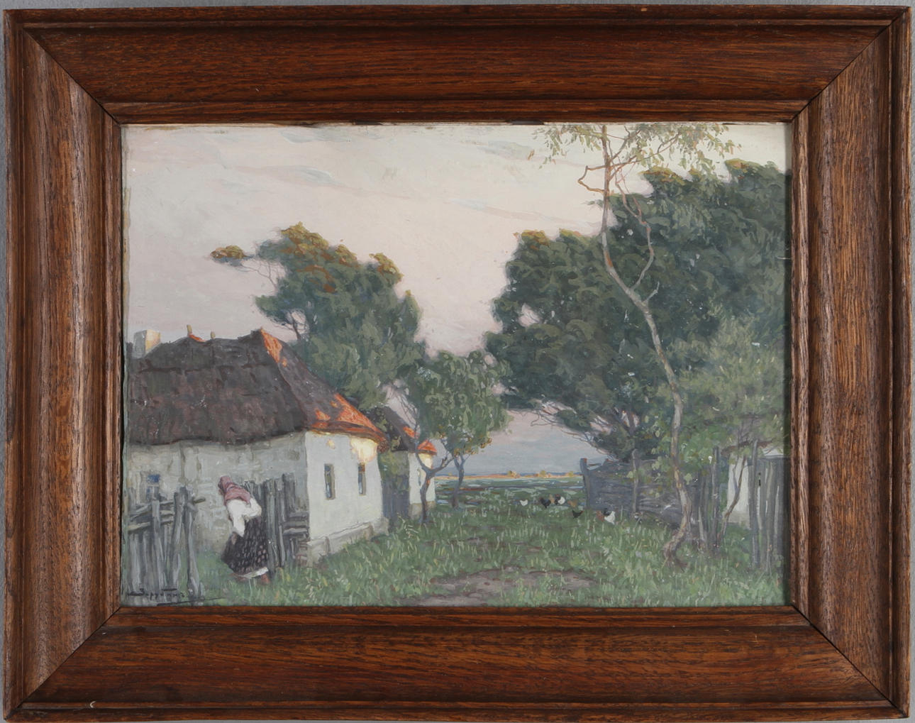 VIKTOR IVANOVICH ZARUBIN. Gårdsmotiv med kvinna, blandteknik, singerad.