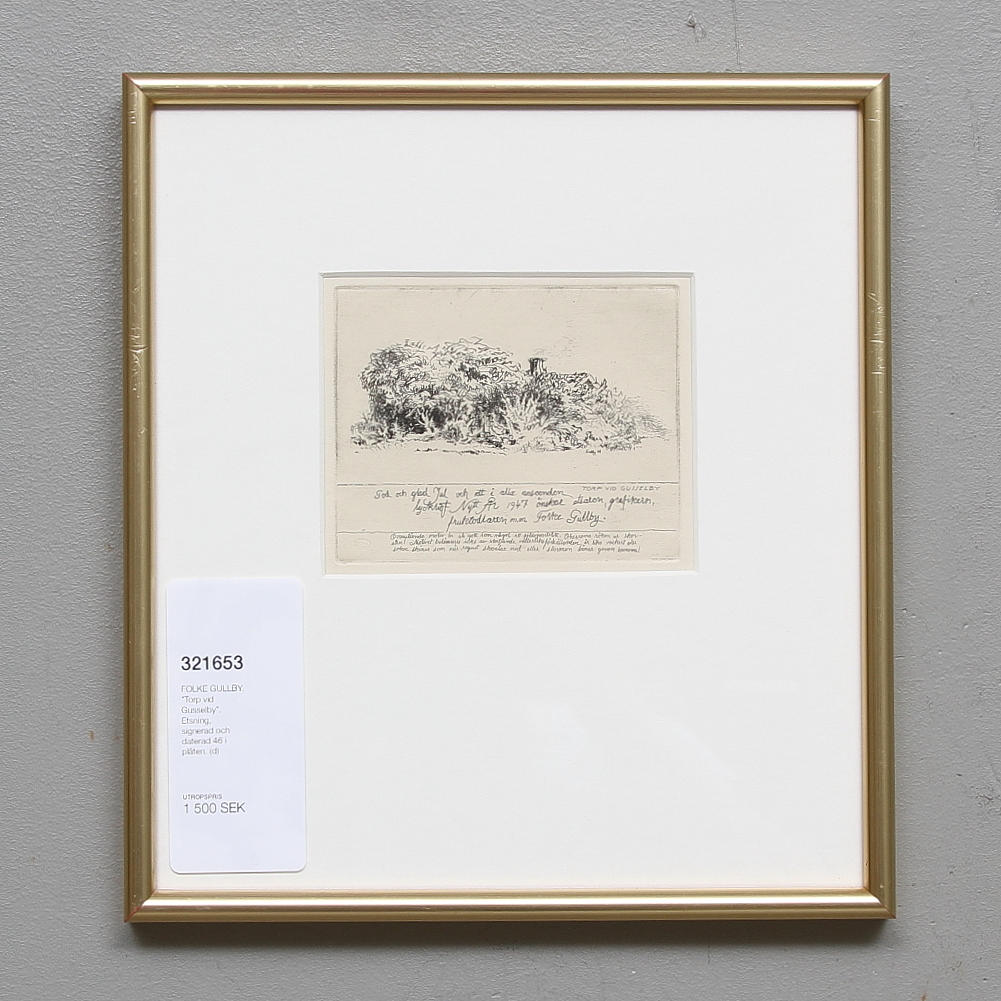 FOLKE GULLBY. "Torp vid Gusselby". Etsning, signerad och daterad 46 i plåten.