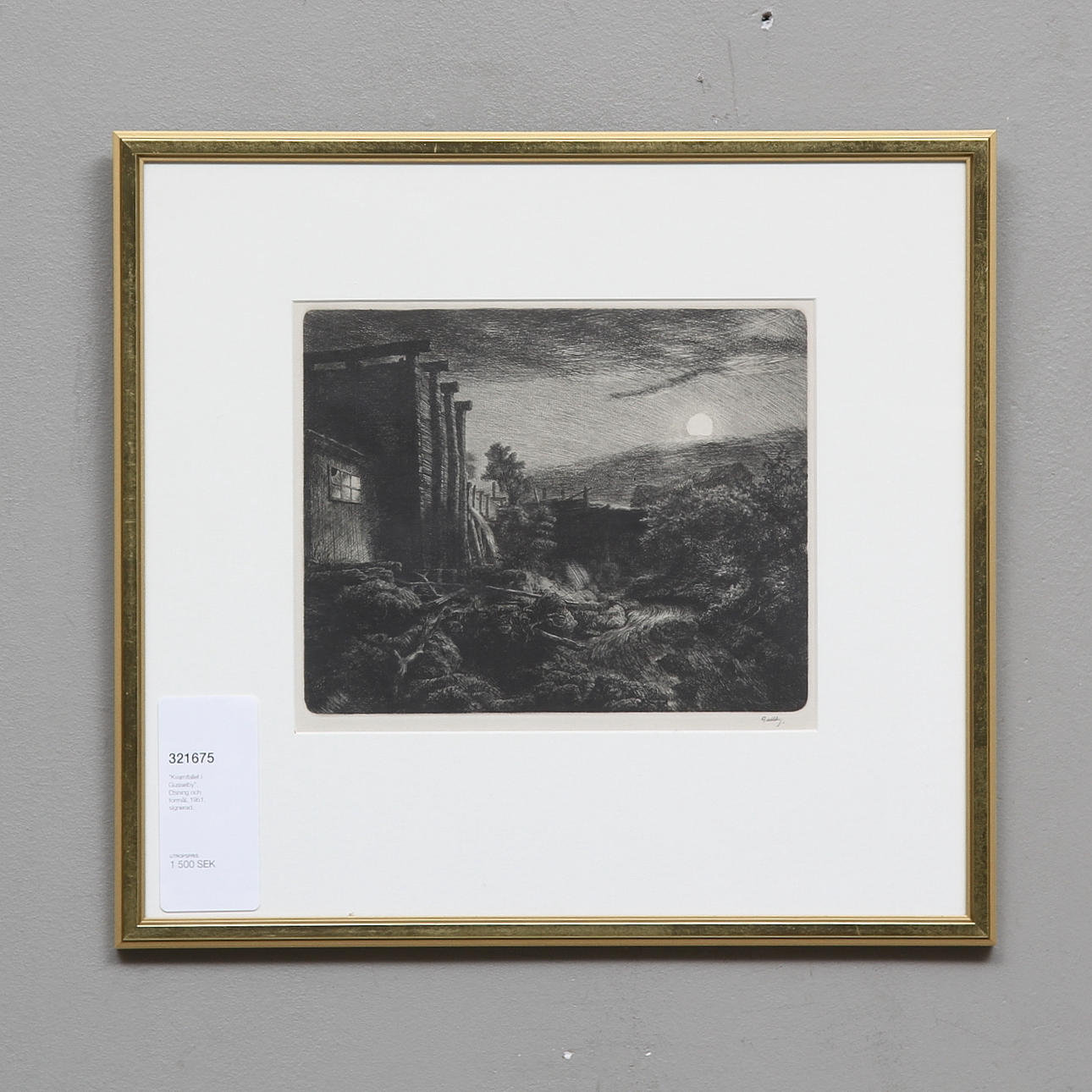 FOLKE GULLBY. "Kvarnfallet i Gusselby". Etsning och torrnål, 1951, signerad.