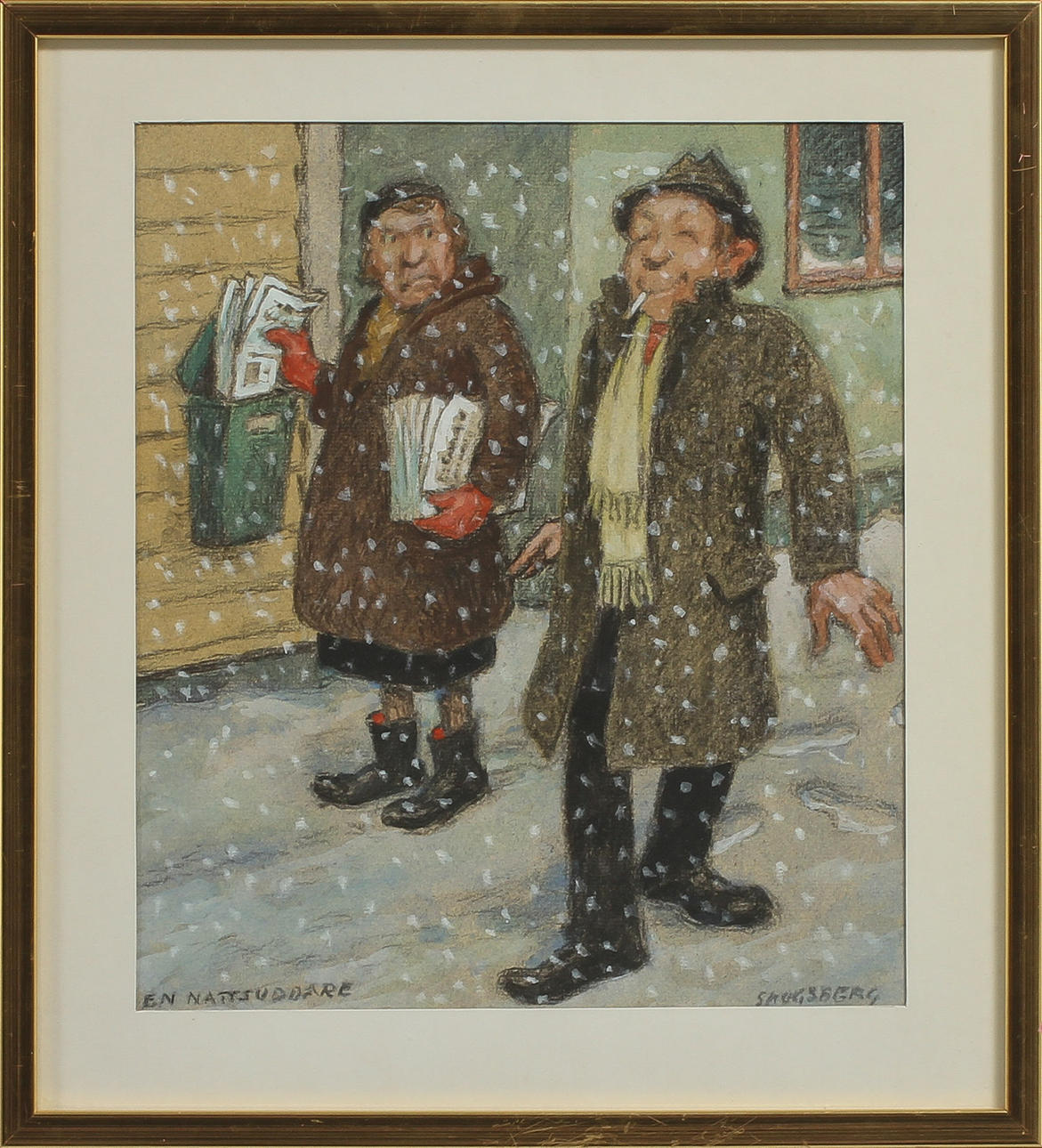 HARALD SKOGSBERG. "En nattsuddare", blandteknik, signerad.