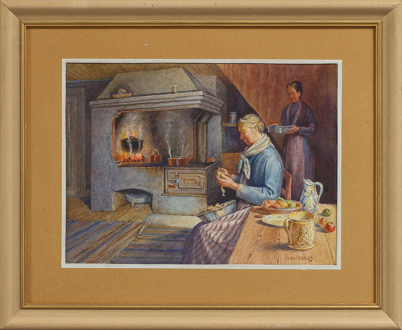 JOHN HEDAEUS. Interiör med figurer, akvarell, signerad.