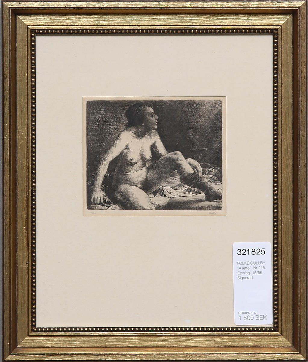 FOLKE GULLBY, "A letto". Nr 215. Etsning. 15/56. Signerad.