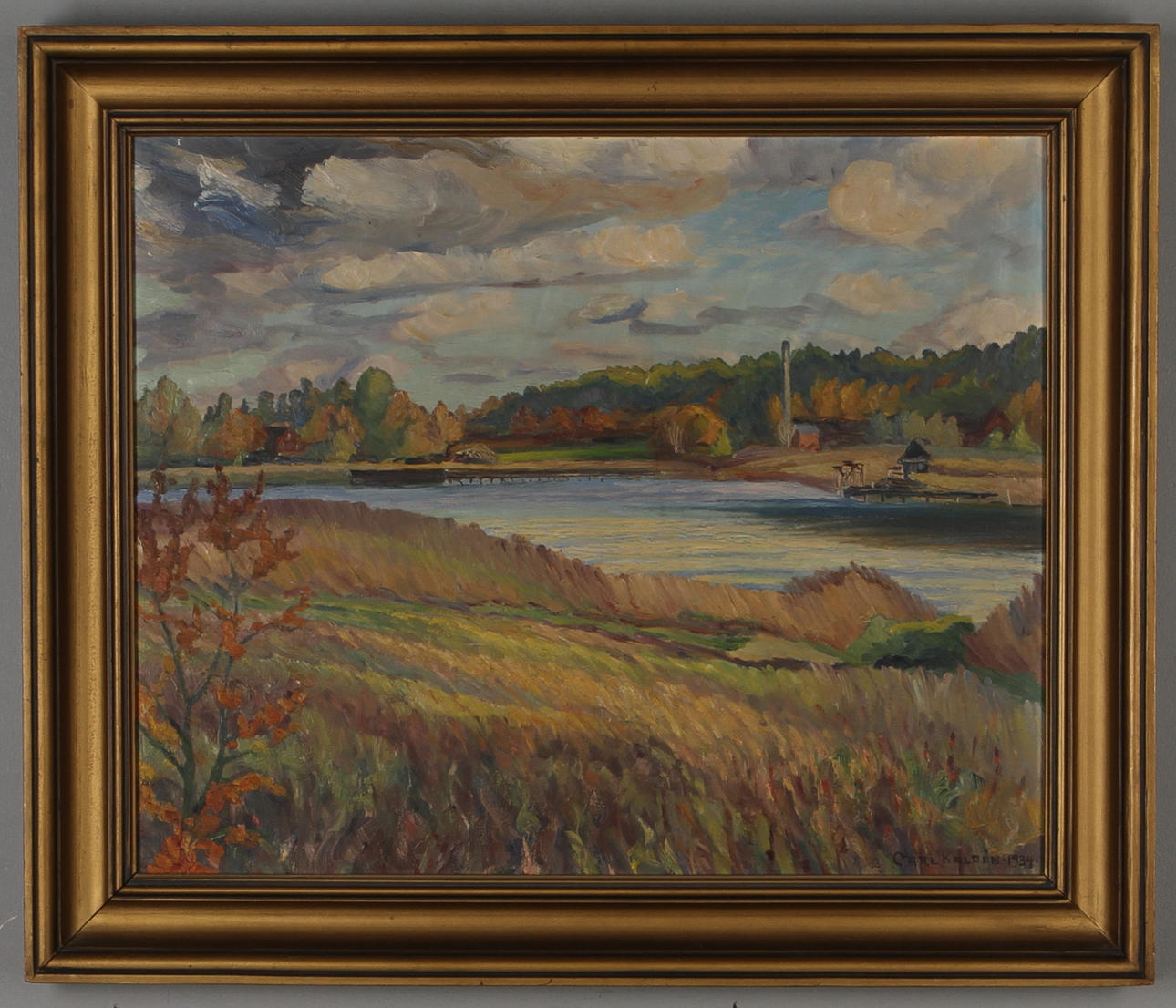 CARL KALDÉN. Landskap, "Höst vid Ulvsundasjön", olja på pannå, signerad och daterad 1934.