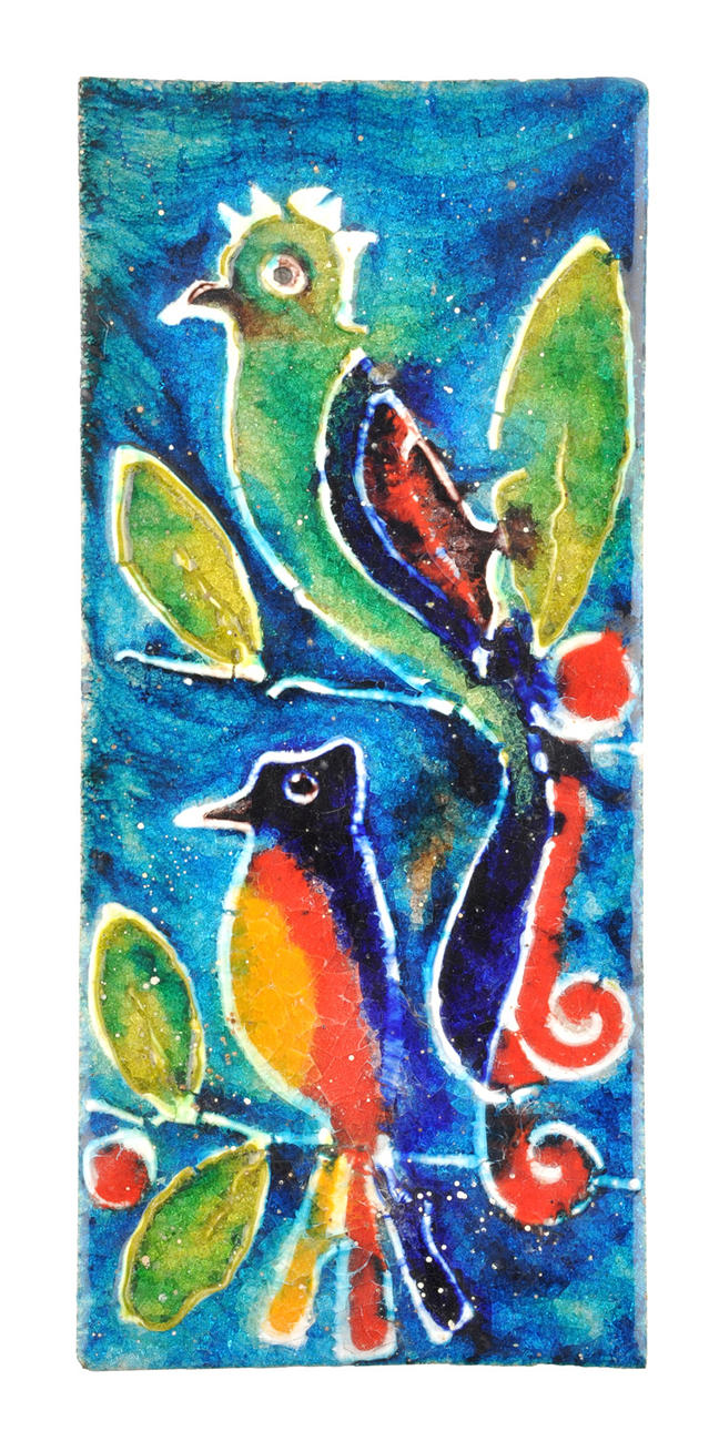 KÜNSTLERKERAMIK. Tjock transparent glasyr fågel kakel.