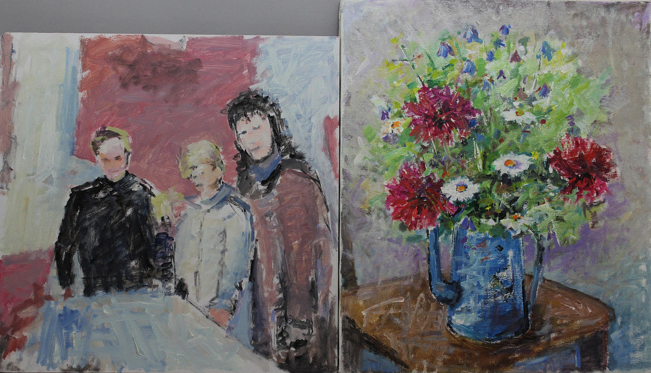 HANS JOHANSSON. Stilleben och Vid bordet. Olja på duk och pannå (2). Osignerade, intyg a tergo.