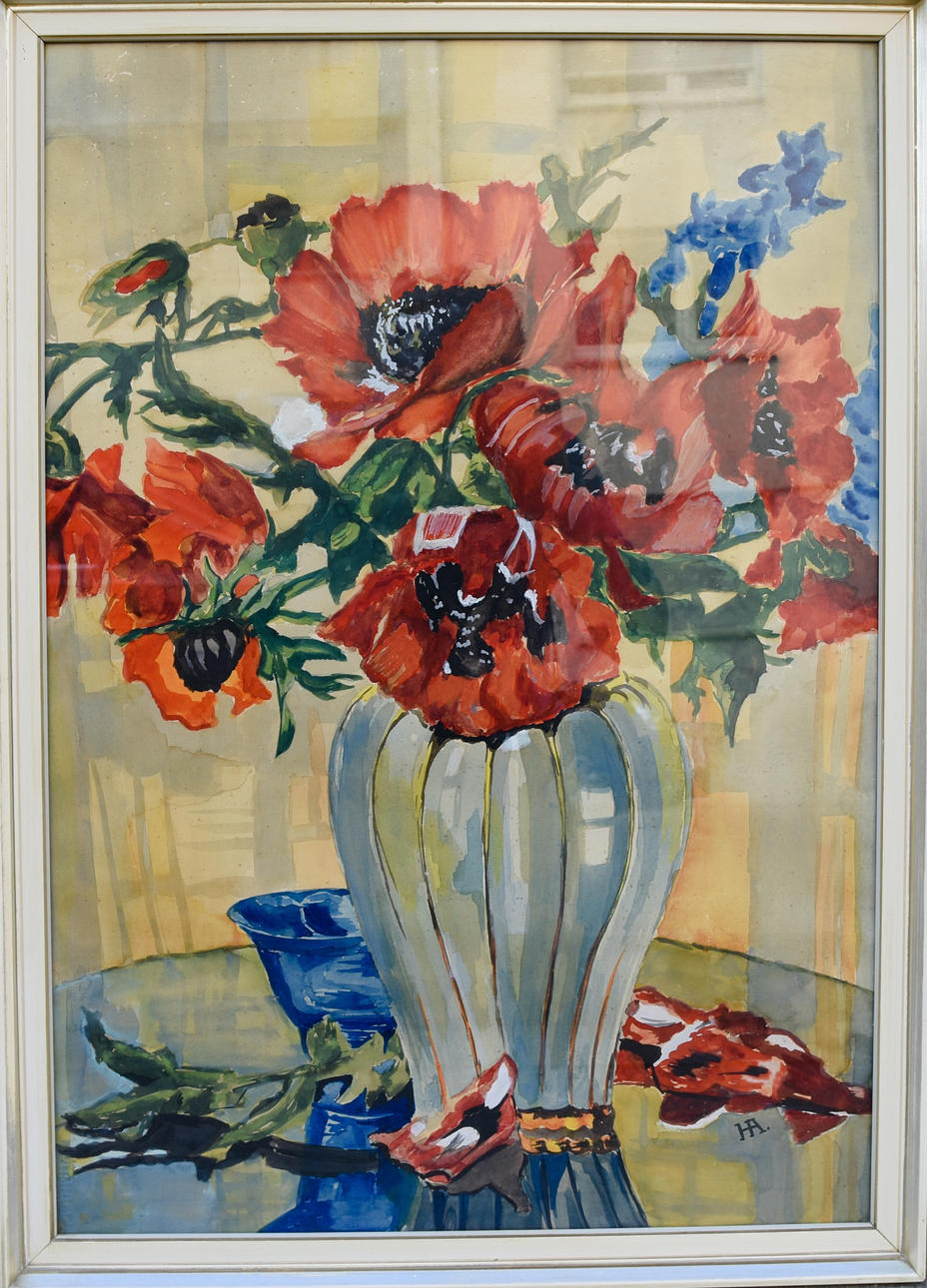 UNBEKANNTER KÜNSTLER. ”Blommorstilleben”, troligen akvarell, signerad HA.