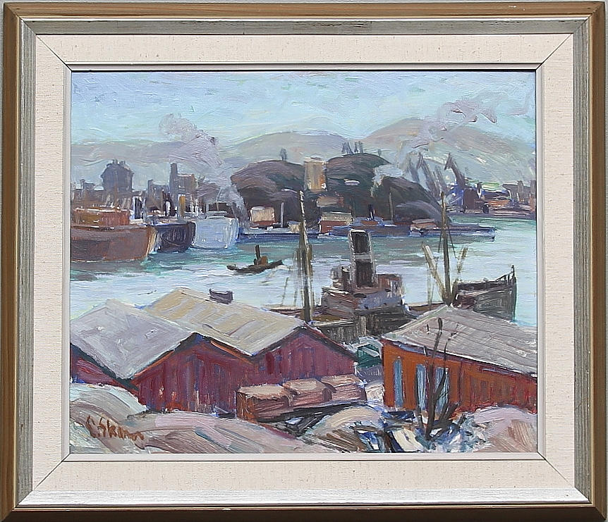 ESKIL SKANS. Hamnbild. Olja på pannå. Signerad.