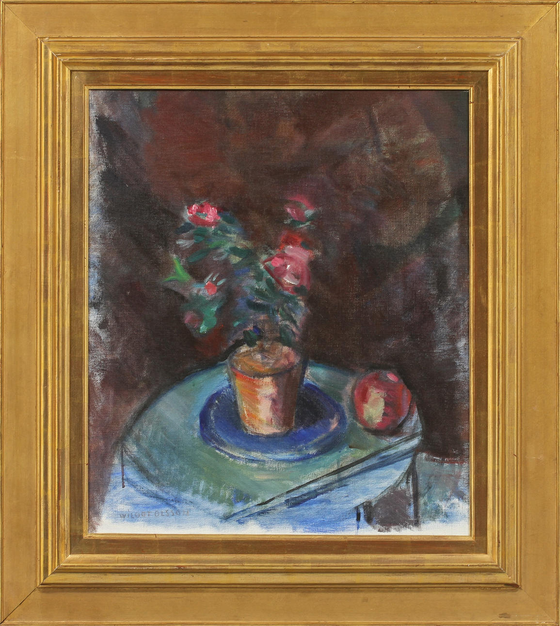 WILGOT OLSSON. Stilleben med blomkruka och frukt. Olja på duk, signerad.