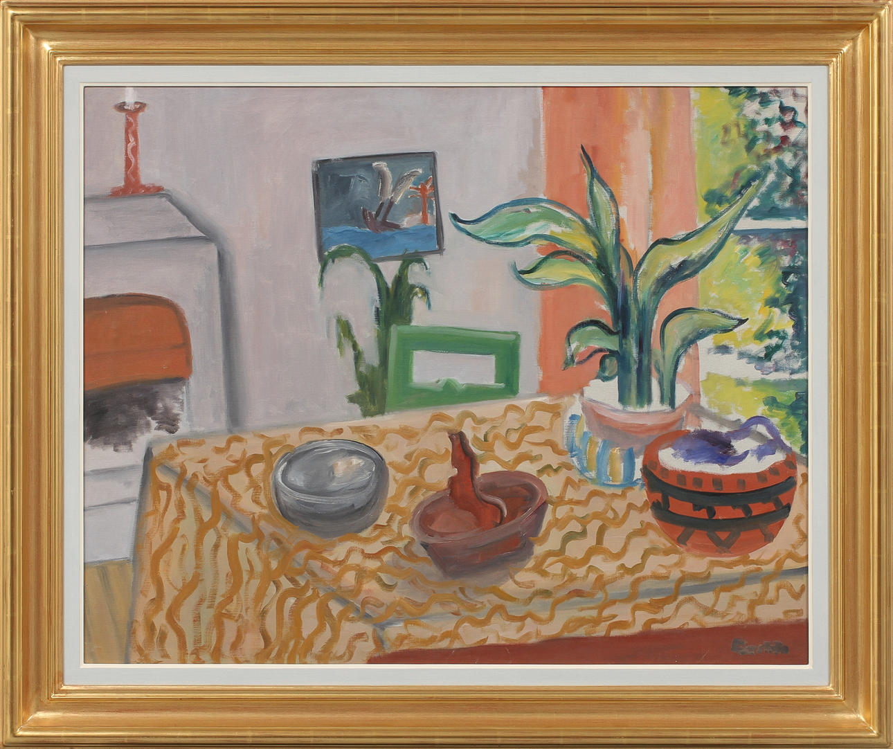 TOR BJURSTRÖM. Interiör med uppställning på bord. Olja på duk, stämpelsignerad.