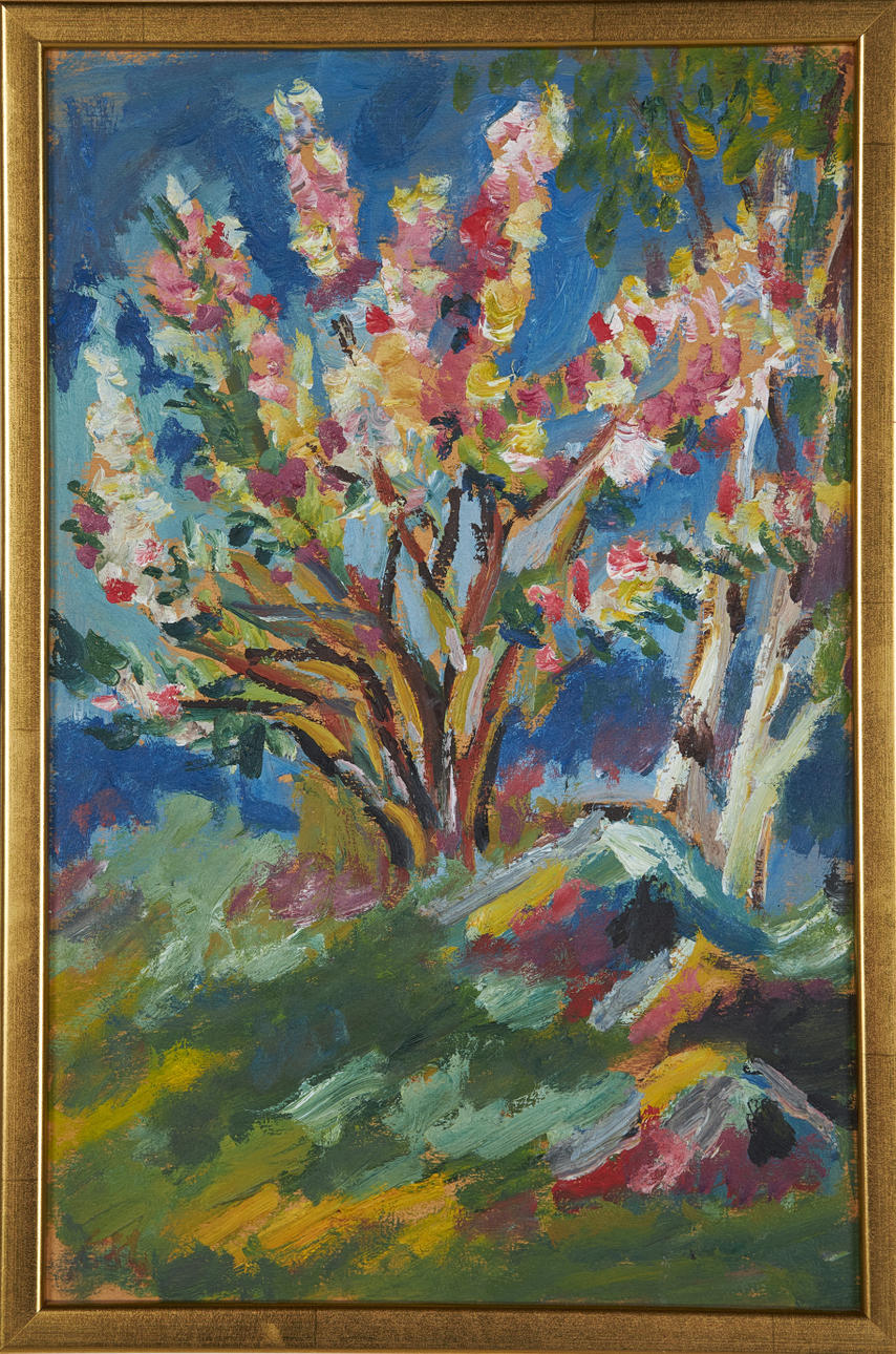 ESTER HENNING. Strauch, Öl auf Karton, monogrammiert.