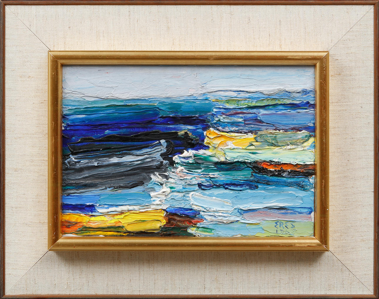 ARNOLD ERES. Komposition, Öl auf Holz, signiert und datiert.