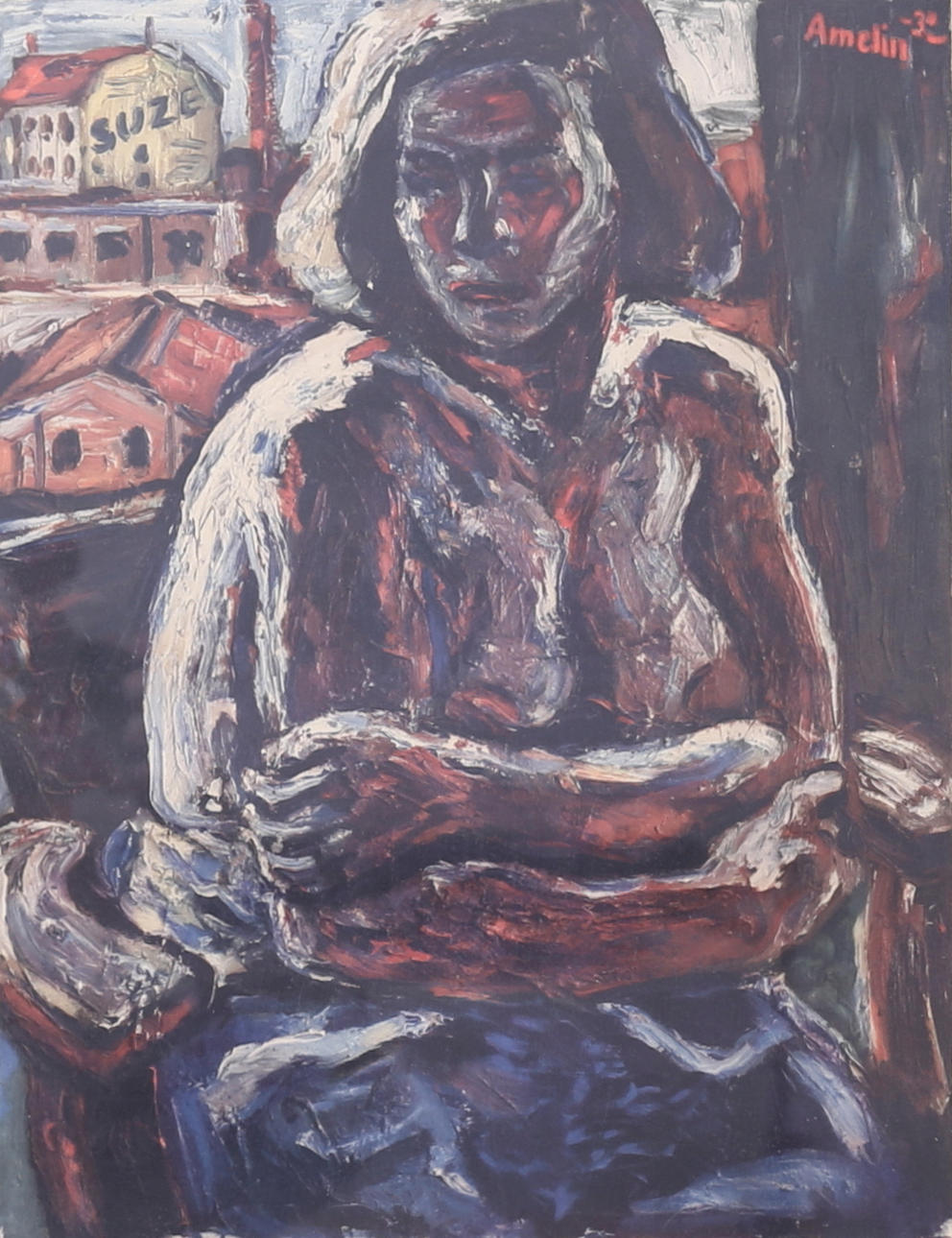 ALBIN AMELIN. Portrait of a woman, lithograph in colour, signed and dated in print.