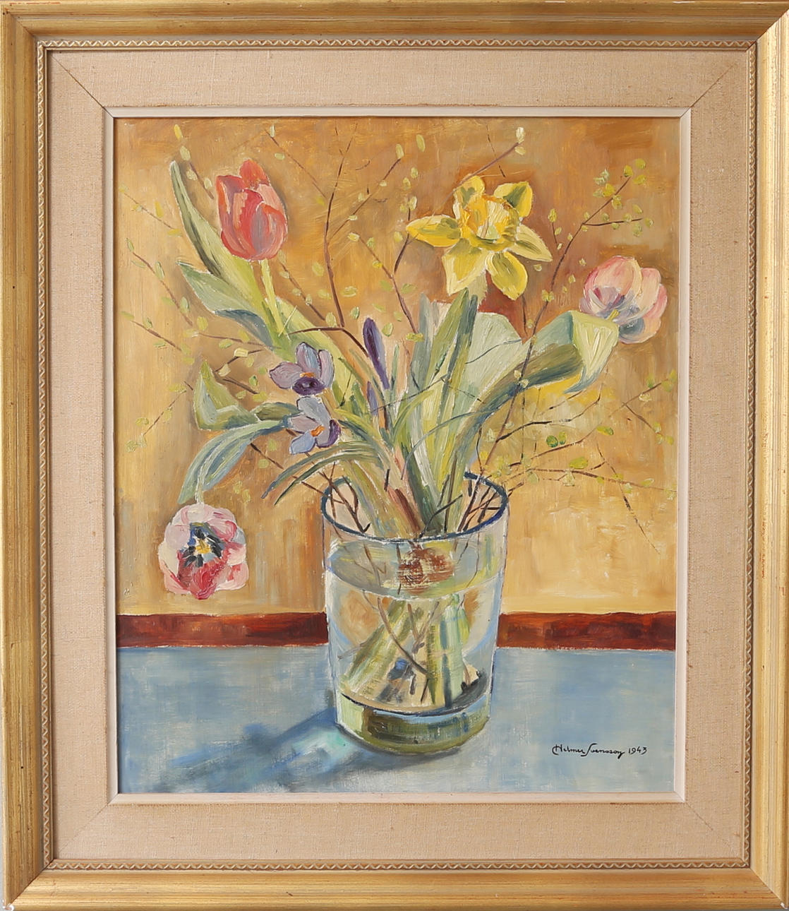 OIDENTIFIERAD KONSTNÄR. Blomsterstilleben, olja på pannå, signerad och daterad.