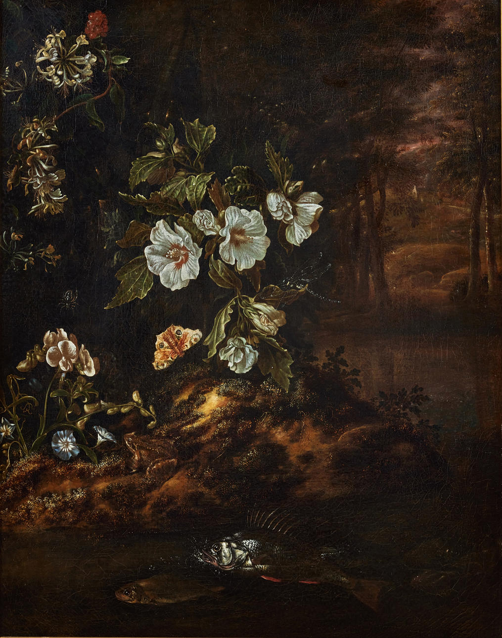 ISAAC VROMANS (HOLLAND, DELFT C. 1655-1719). Still life with flowers and fish in a mountain landscape.