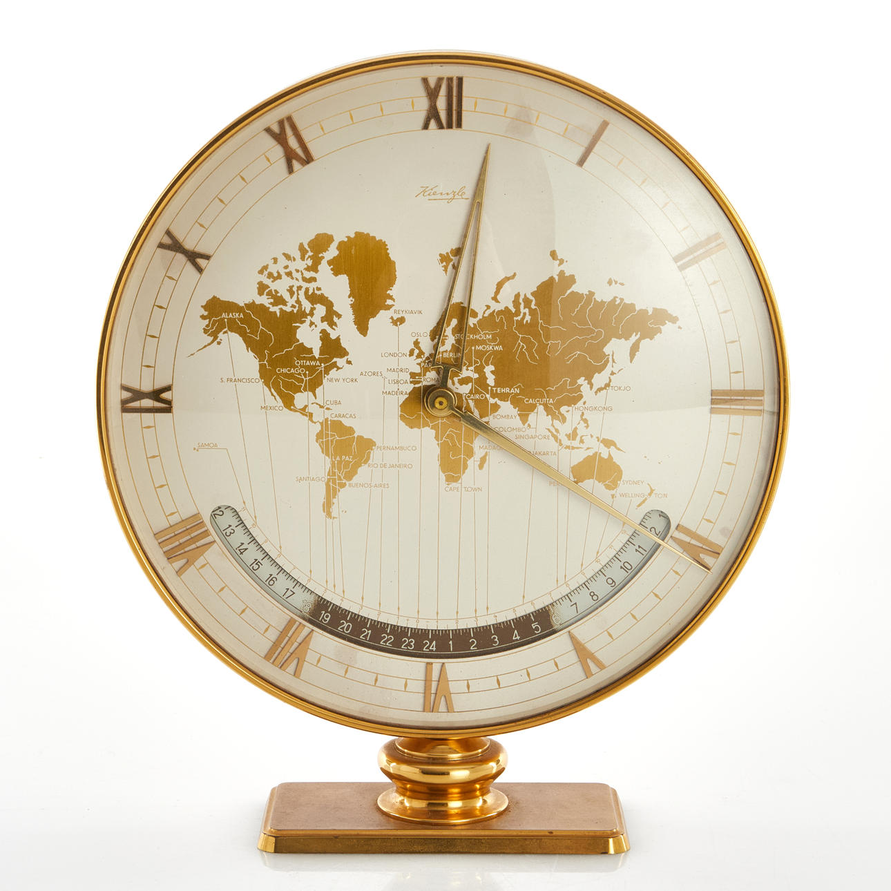 TABLE CLOCK, sk. world clock, Kienzle, Germany, mid 20th century.