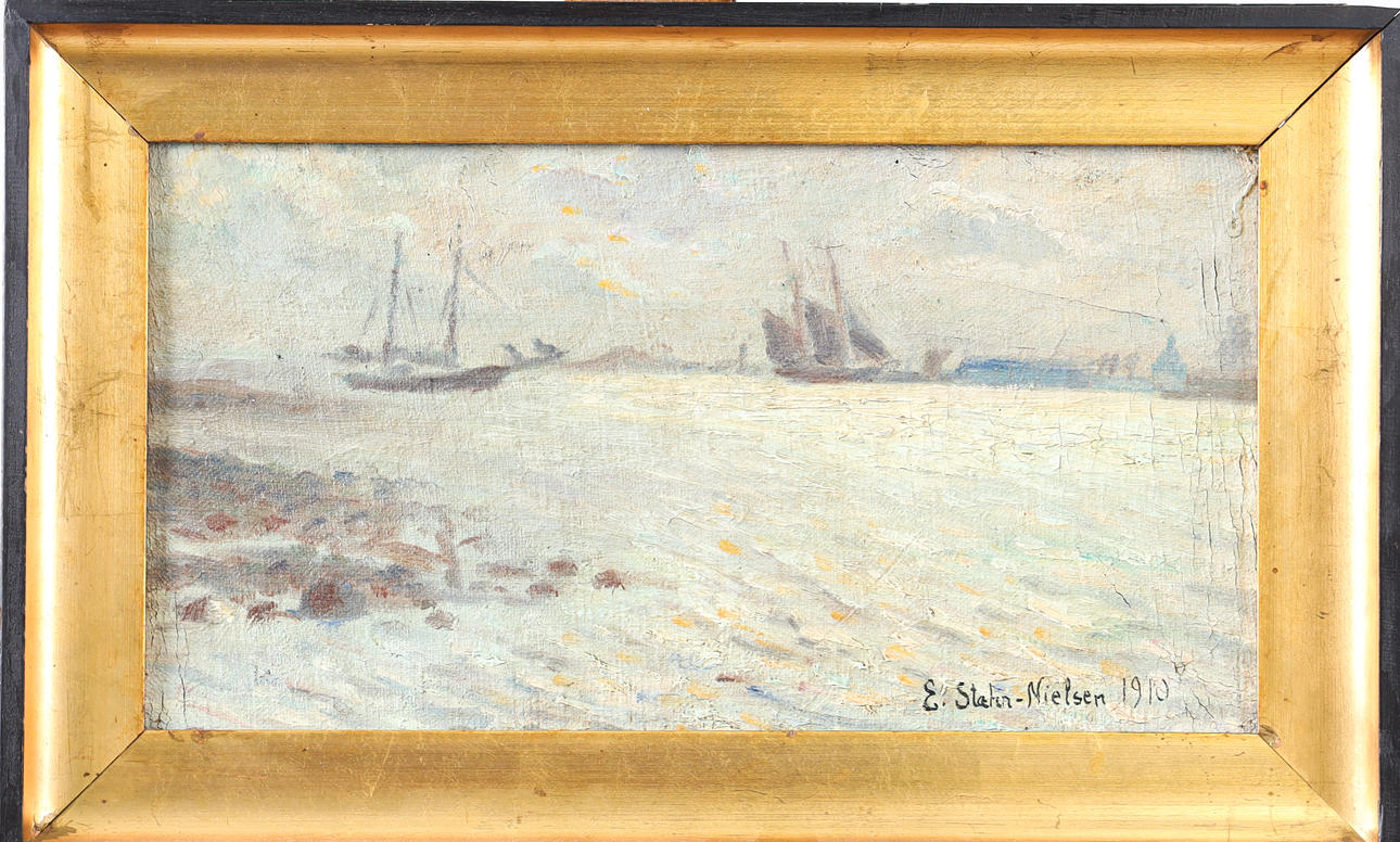 ERIK STÆHR-NIELSEN (DANMARK, 1890-1921). Coastal motif with ship, oil on canvas.