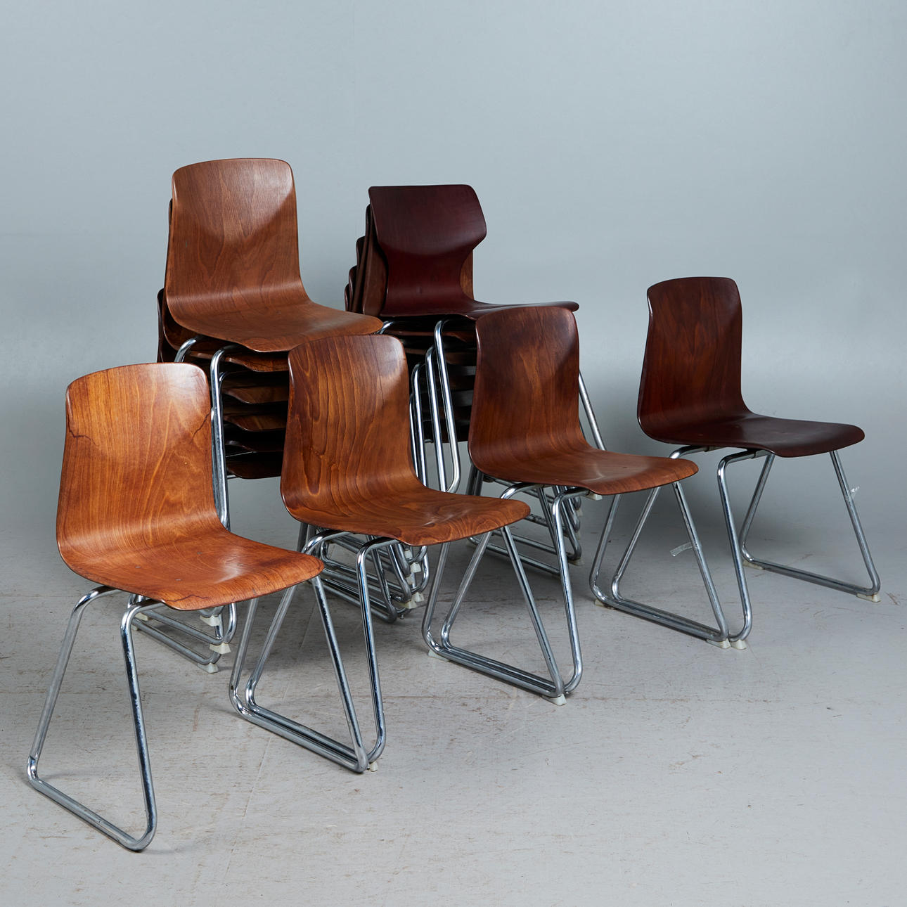 ELMAR FLÖTOTTO, ADAM STEGNER. Flötotto, 16 chairs, pagholz, chrome