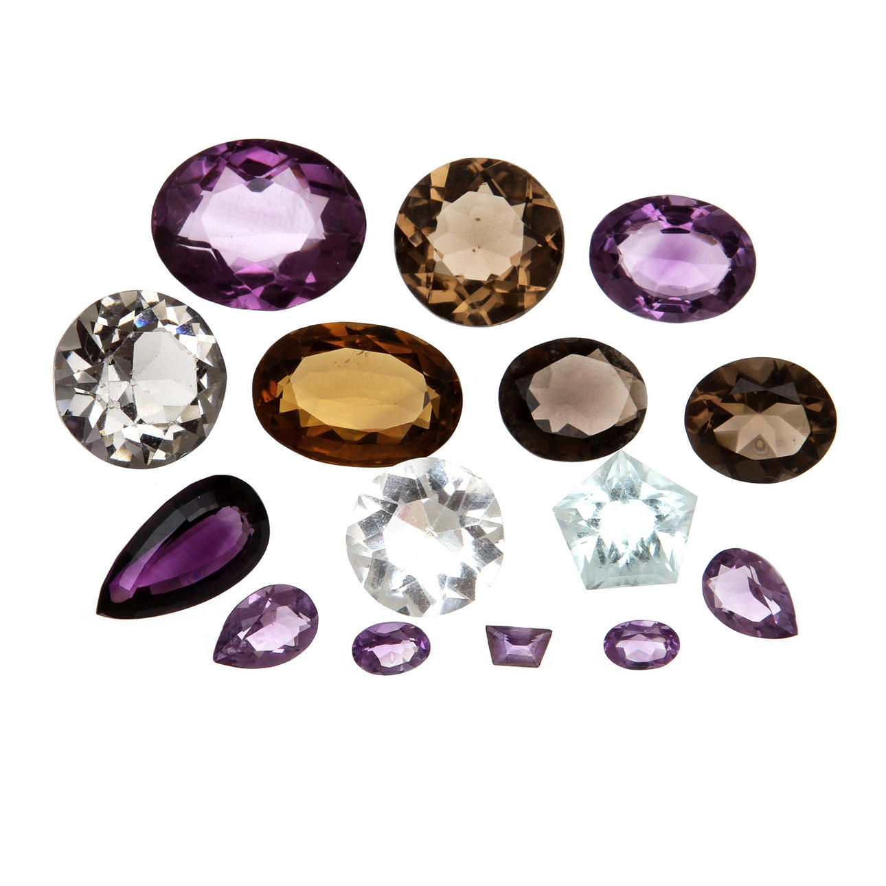 ÄDELSTENAR, 15 st, bergskristall, rökkvarts, citrin samt ametist. Vikt ca 77,5 ct.