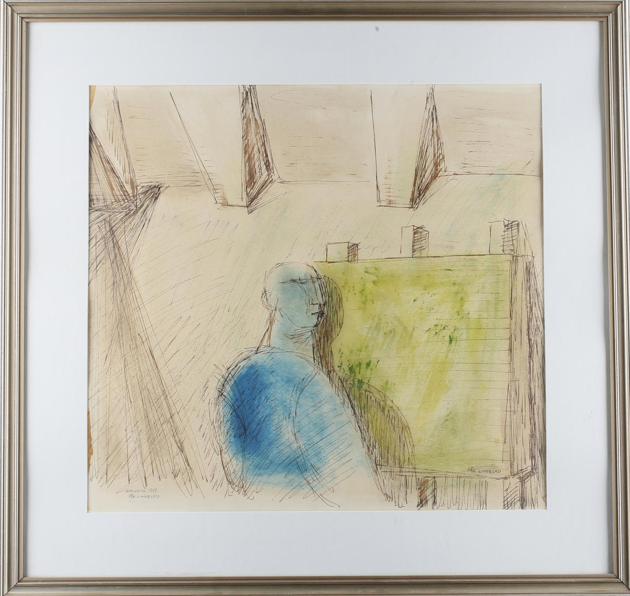 PÄR LINDBLAD. "Ateljen 1957", blandteknik, signerad.