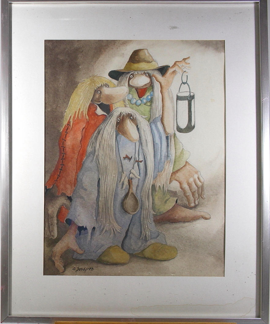OIDENTIFIERAD KONSTNÄR. akvarell, tre troll, signerad G Sandgren.