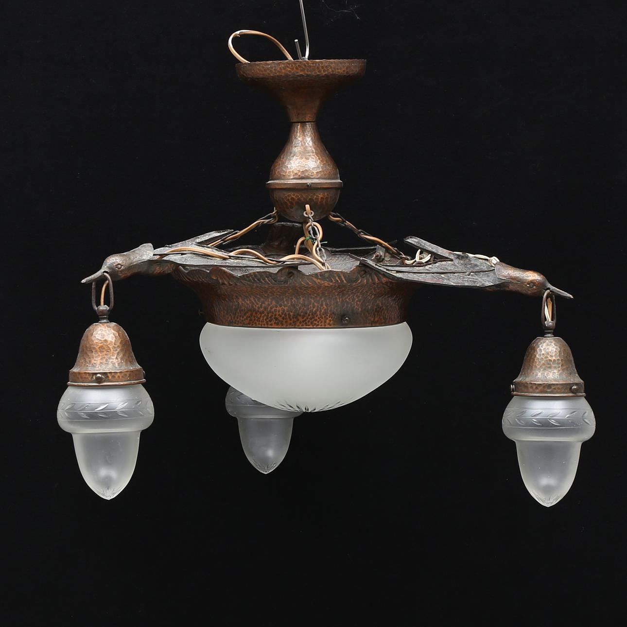 TAKLAMPA, koppar och glas, jugend, 1920-tal.