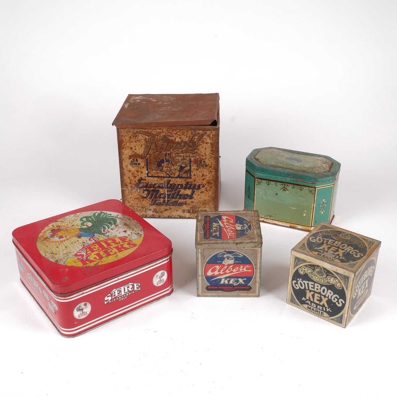 TIN CANS, 5 pcs, etc. Göteborgs Biscuits and Kanolds.
