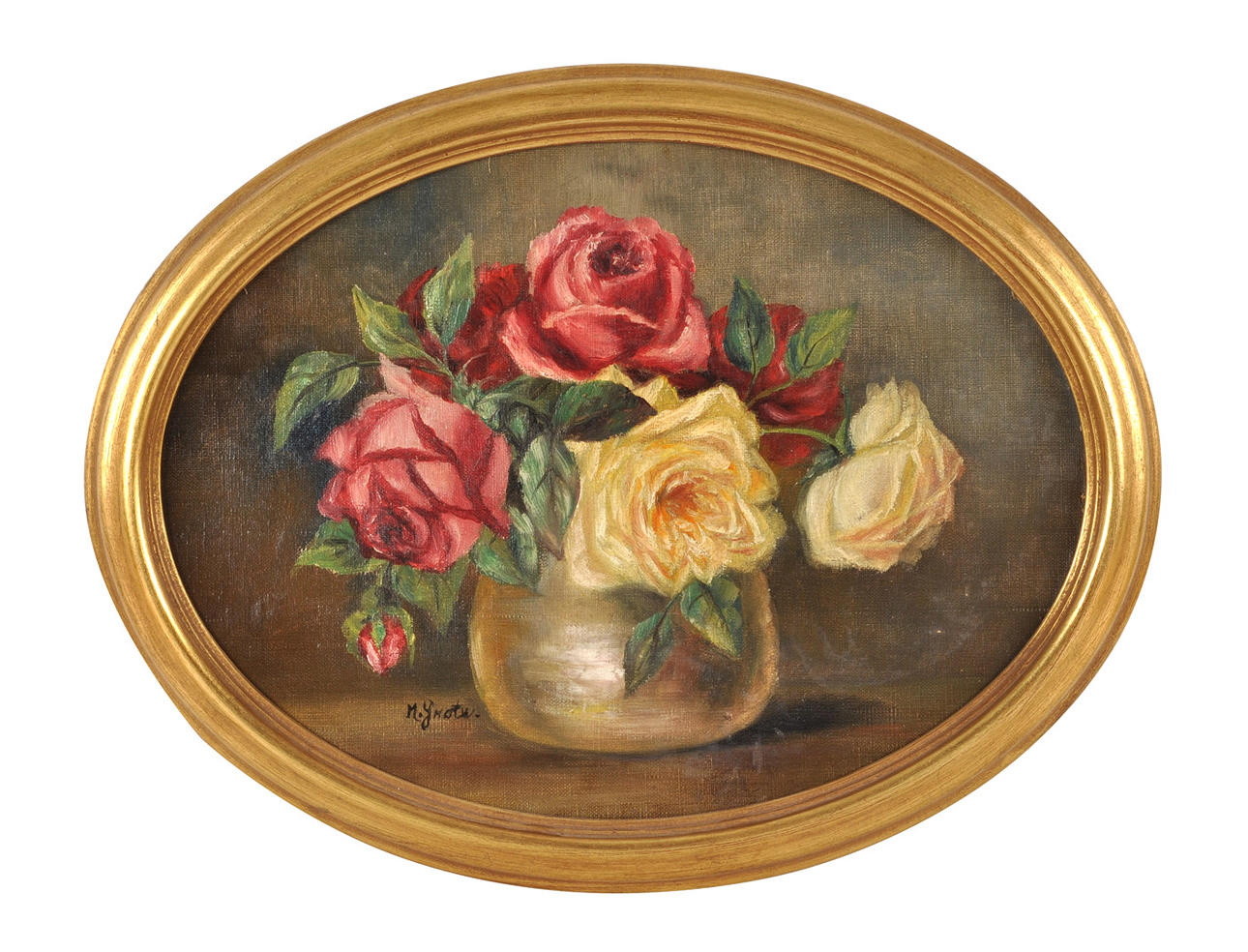 SIGNIERT M. GROTE. Ovalt stilleben med rosor, gyllene ram.