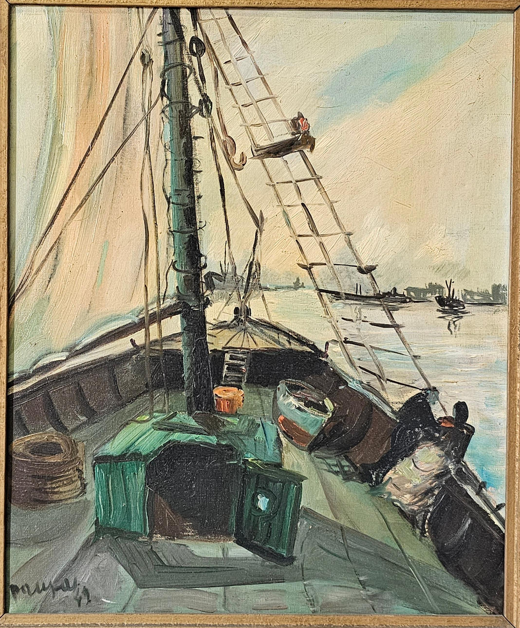 ANONIMO. SAILBOAT BOW, OIL ON CANVAS.