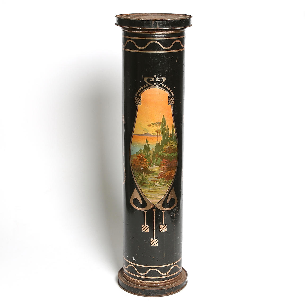 PIEDESTAL / PLÅTBURK, för kaffebönor, Hultmans Fabriker, Malmö, Jugend, tidigt 1900-tal.