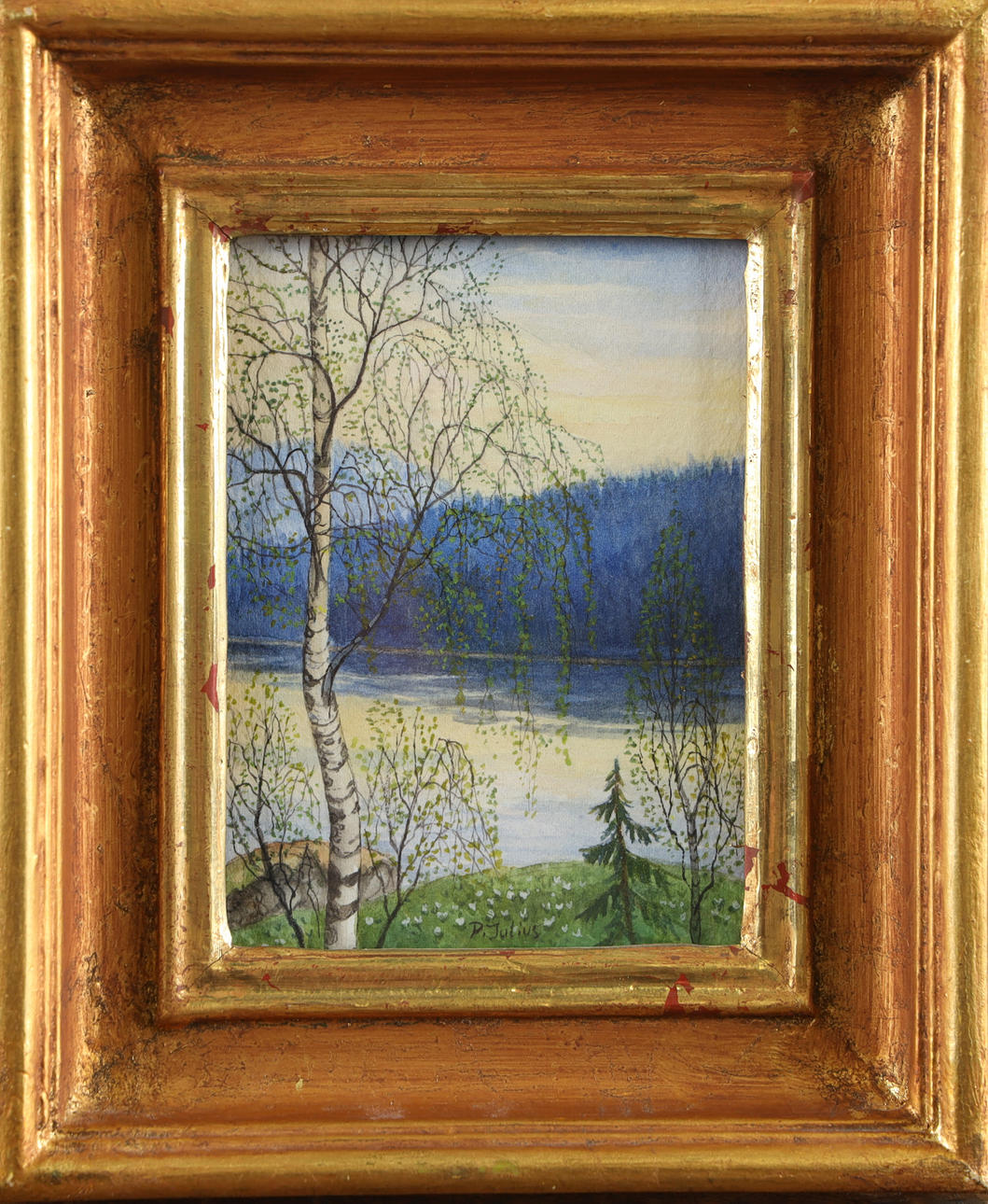 PER JULIUS. Akvarell, björk vid vattenbryn.