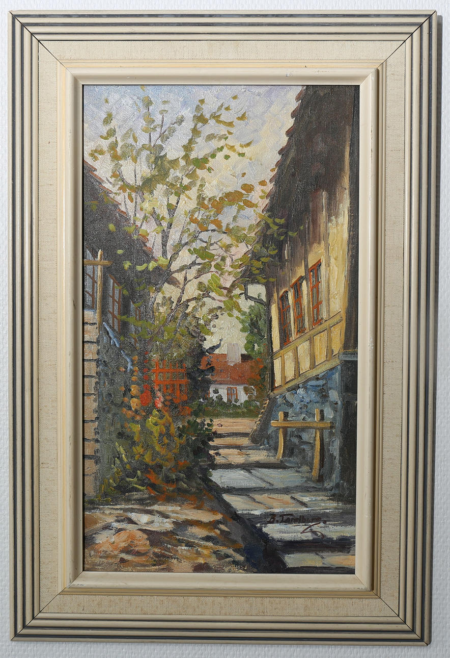 BO LANDBERG. Olja på duk, Vy mot gränden, signerad B Landberg.