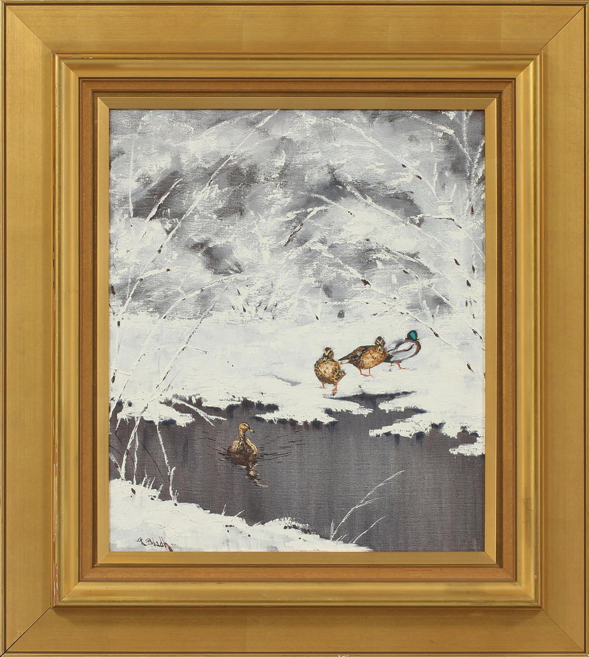 ROY BLADH. Vinterbild med fåglar, olja på duk, signerad.