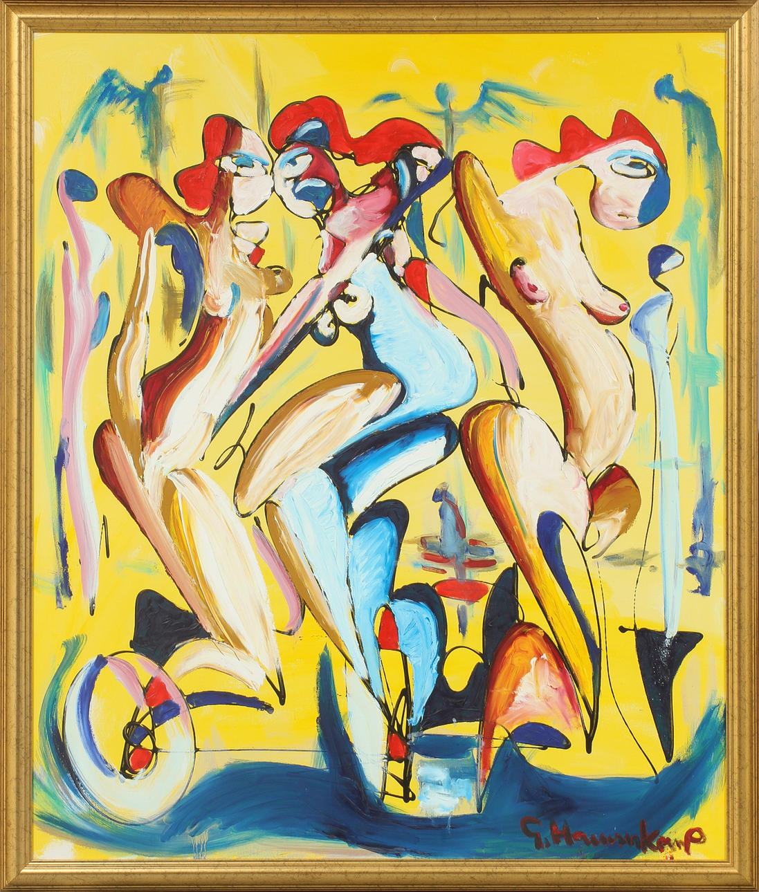 GÖRAN HAUSENKAMP. Komposition med figurer, olja på duk, signerad.