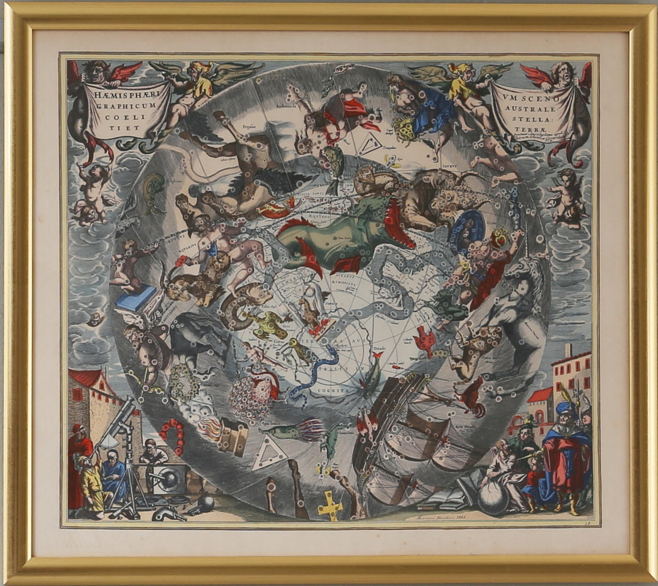KARTA över zodiaken och stjärnkonstellationer, grafiskt tryck efter Henricus Hondius, 18/1900-tal.