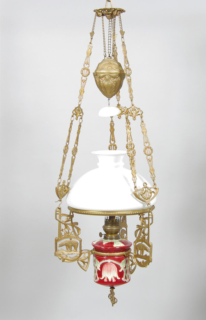 TAKFOTOGENLAMPA, majolika, bronserad metall, sent 1800-tal.