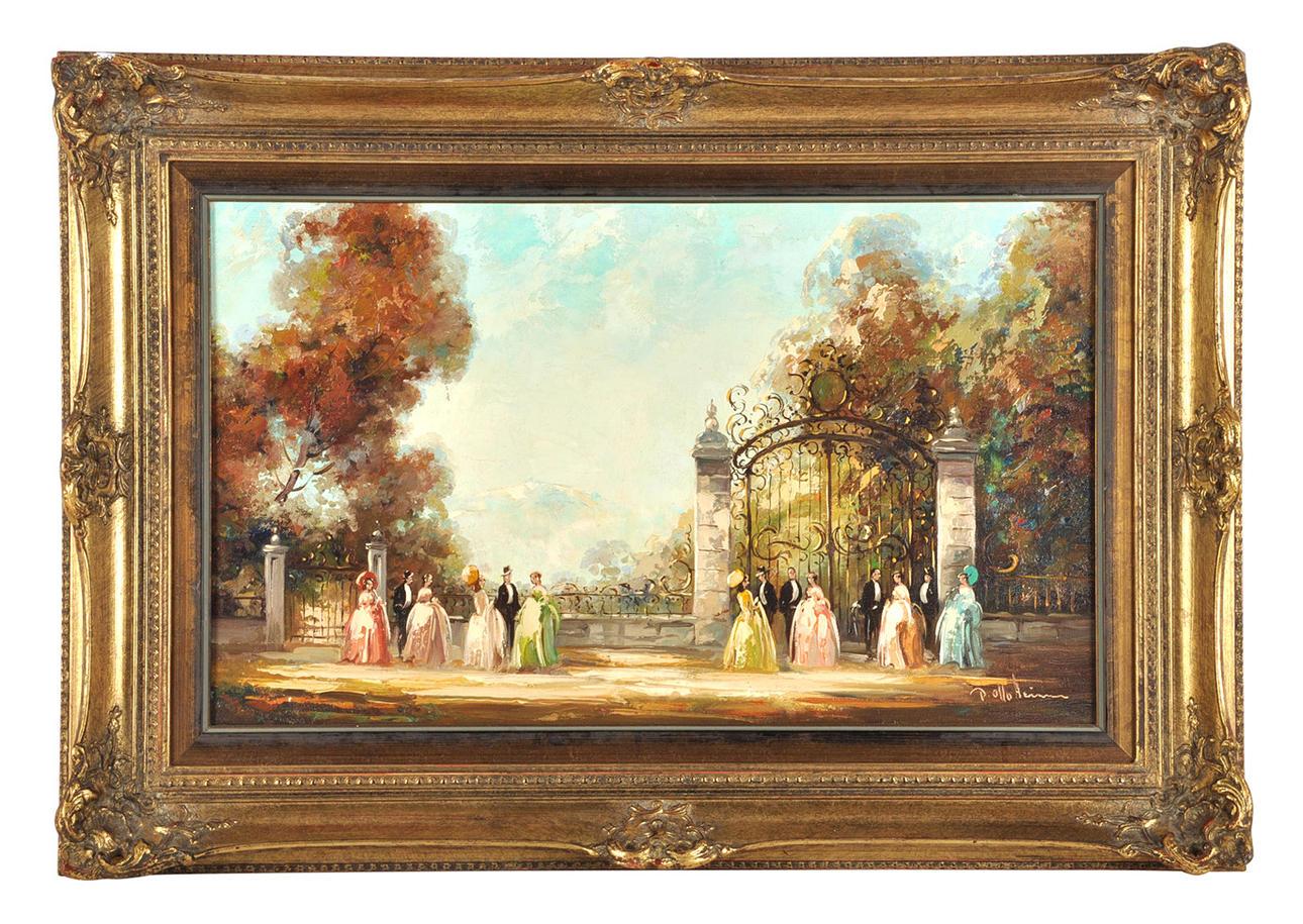 PETER OTTO HEIM. ”Mottagning vid slottsporten”. Galant damer och herrar väntar på antagning.