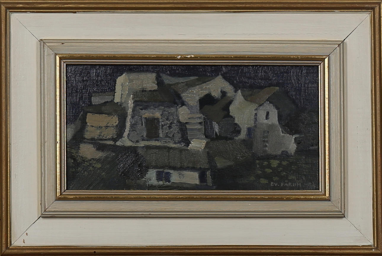 EVERT FÄRHM. Husformationer, olja på pannå, signerad Ev Fährm och daterad -64.