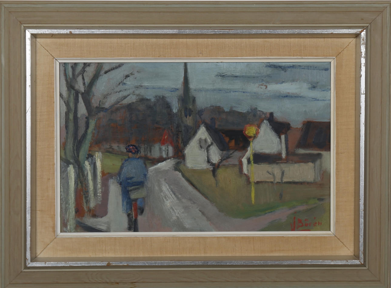 JOHAN BÖRÉN. Bygata med cyklist, olja på pannå, signerad J Börén.
