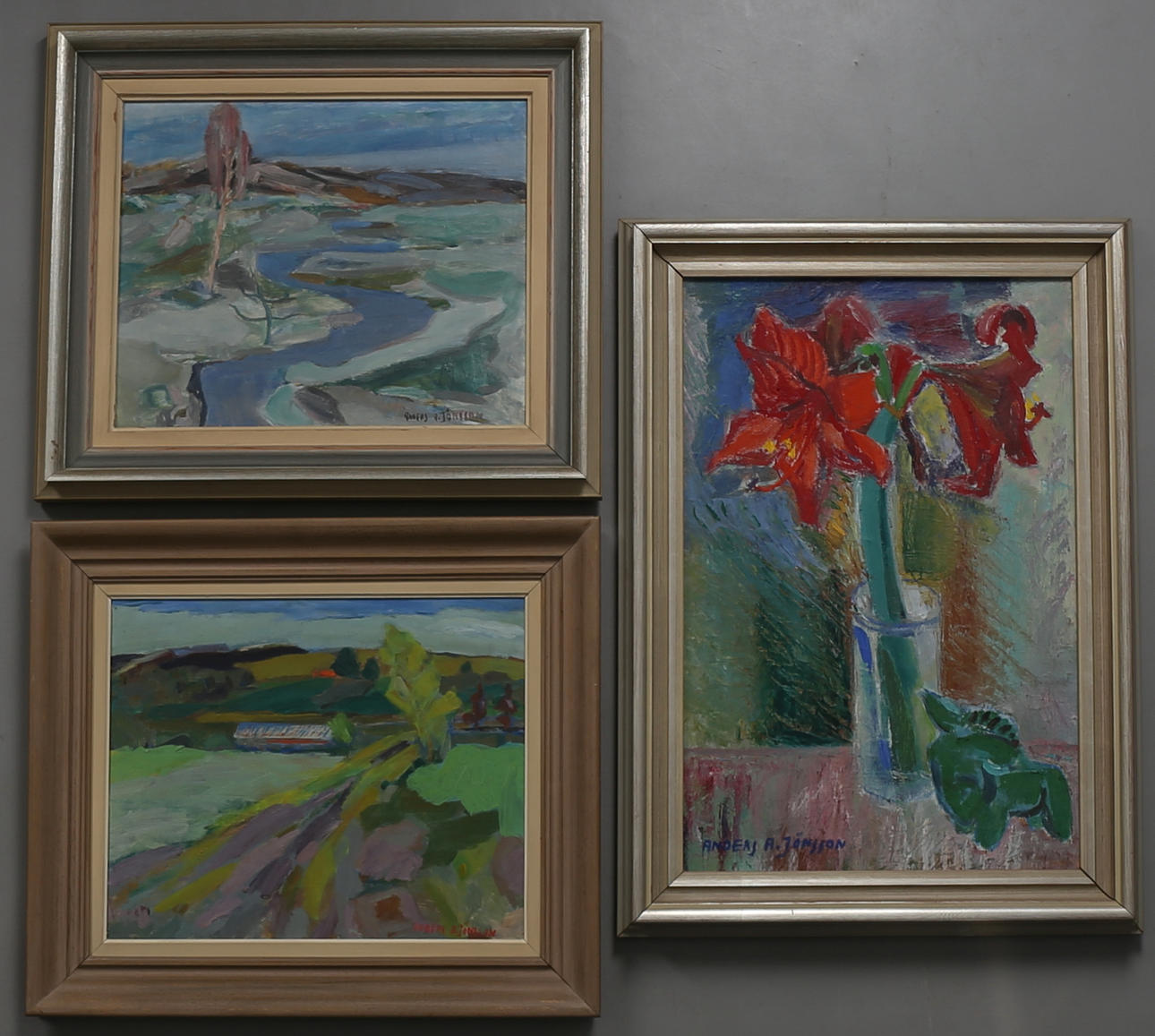 ANDERS A JÖNSSON. Parti 3 st, Landskap 2 st, stilleben, 1 st, olja på pannå/duk, signerade.