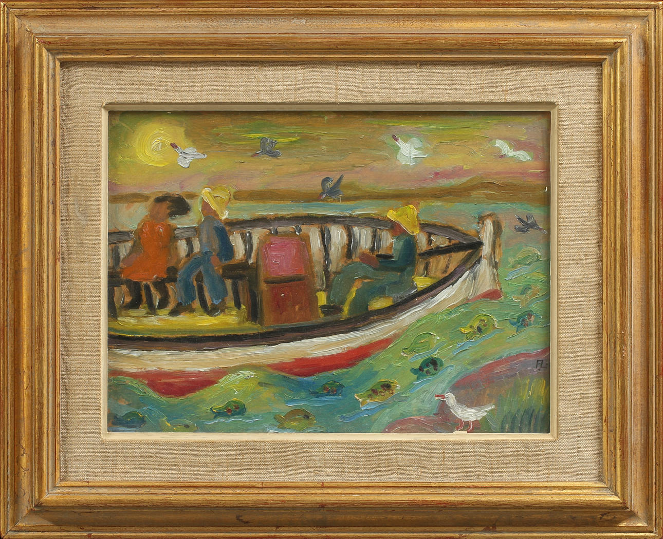 FRANS LARSSON. "Matarbåt", olja på pannå, signerad.