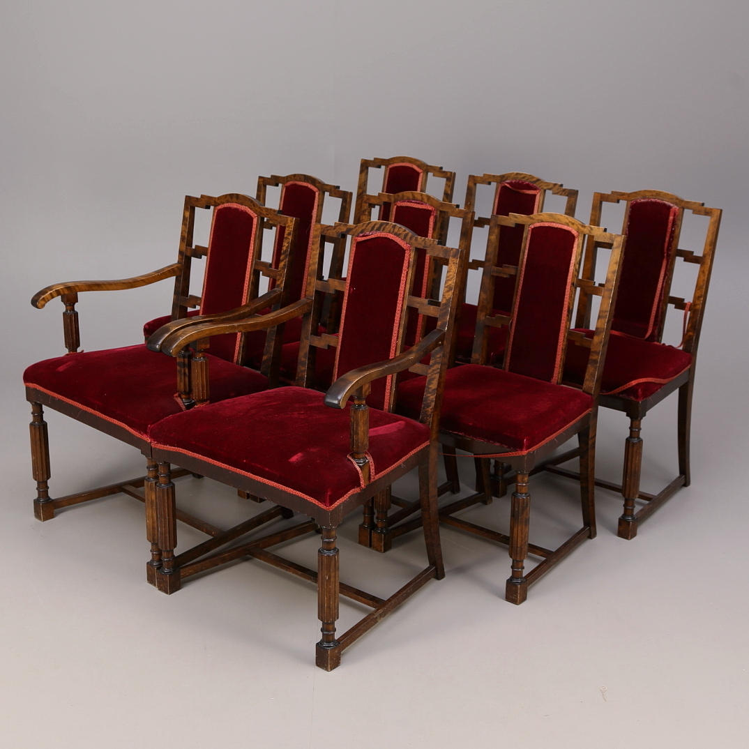 STOLAR 8 st, mörkbonad björk, varav 2 karmstolar, 1930-/40-tal, röd sammet.