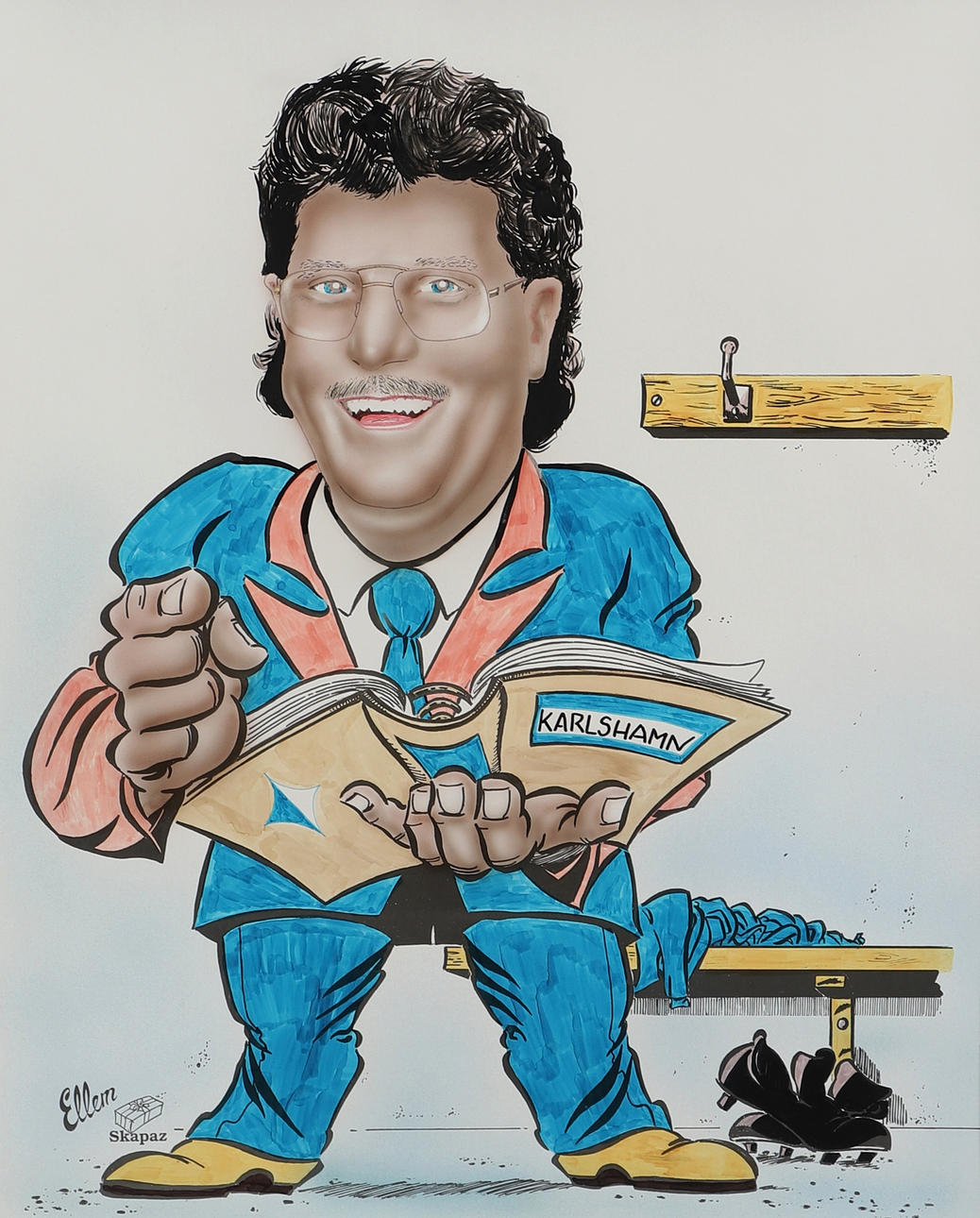 LENNART MOBERG. mixed media, caricature of Peter Antoine, signed Ellem.