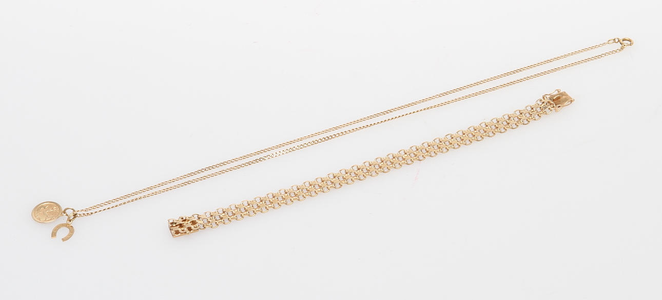 ARMLÄNK SAMT HALSKEDJA MED HÄNGE, 18k guld, ca 18 gram.